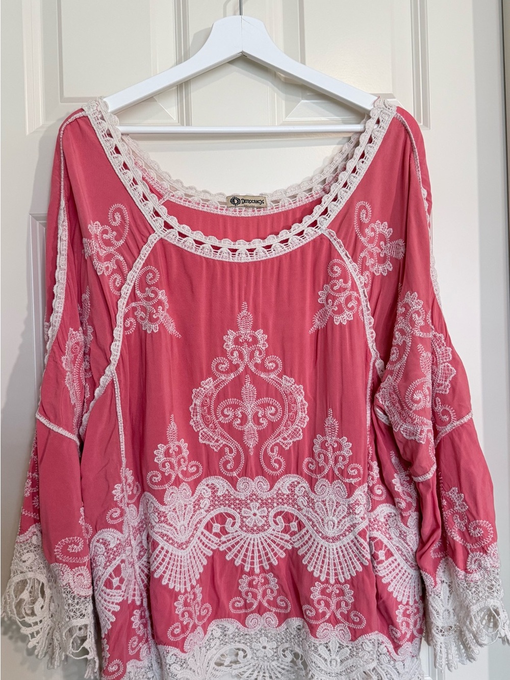 Democracy Rose Pink Embroidered Boho Blouse